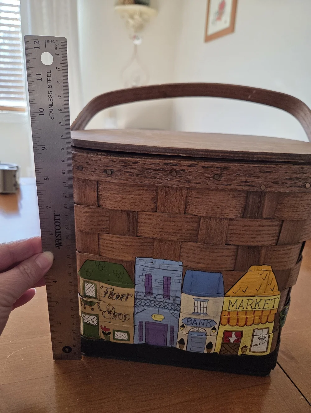 70's Hand-painted Woven Wood Basket Purse Lined In Calico And Has Brass Hinges